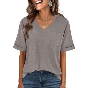 imageANRABESS Women T Shirts Oversized Short Sleeve V Neck 2025 Summer Casual Loose Tops Basic Tee Shirts Outfits with PocketLight Brown