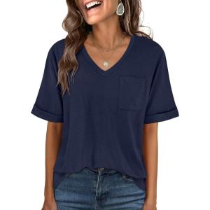 imageANRABESS Women T Shirts Oversized Short Sleeve V Neck 2025 Summer Casual Loose Tops Basic Tee Shirts Outfits with PocketNavy Blue