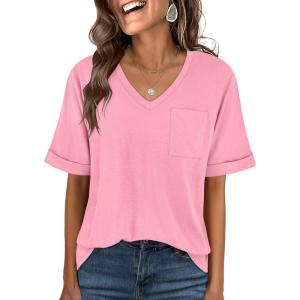 imageANRABESS Women T Shirts Oversized Short Sleeve V Neck 2025 Summer Casual Loose Tops Basic Tee Shirts Outfits with PocketPink