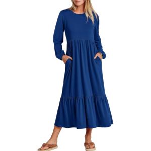 imageANRABESS Womens Casual Long Sleeve Midi Dress 2025 Fall Crewneck A Line Tiered Flowy Loose Trendy Dresses with PocketsBlue