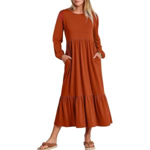 imageANRABESS Womens Casual Long Sleeve Midi Dress 2025 Fall Crewneck A Line Tiered Flowy Loose Trendy Dresses with PocketsBrick Red