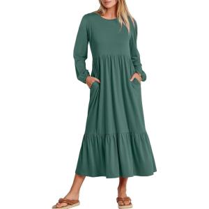 imageANRABESS Womens Casual Long Sleeve Midi Dress 2025 Fall Crewneck A Line Tiered Flowy Loose Trendy Dresses with PocketsGrass Green