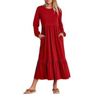 imageANRABESS Womens Casual Long Sleeve Midi Dress 2025 Fall Crewneck A Line Tiered Flowy Loose Trendy Dresses with PocketsRed