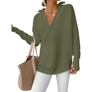 imageANRABESS Womens Long Sleeve Quarter Zip Pullover Sweater Casual Loose V Neck Collared Ribbed Knit Jumper Tops Thumb HoleArmy Green