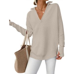 imageANRABESS Womens Long Sleeve Quarter Zip Pullover Sweater Casual Loose V Neck Collared Ribbed Knit Jumper Tops Thumb HoleGray Apricot