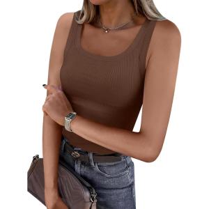 imageANRABESS Womens Sleeveless Scoop Neck Tank Top Ribbed Fitted Summer Basic Slim Cute Tops 2025Coffee Brown