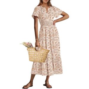 imageANRABESS Womens Summer Short Sleeve Maxi Dress 2025 Casual V Neck High Waist ALine Flowy Loose Tiered Boho Long DressesPrint Floral Brown
