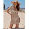 imageANRABESS Women Beach Crochet Cover Ups Summer Knit Swimwear Short Sleeve Mesh Dress 2025 Vacation Bathing Suit SwimsuitsKhaki