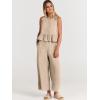 imageANRABESS Women Summer 2 Piece Outfits Sleeveless Tank Crop Top Wide Leg Pants Linen Jumpsuits Lounge Matching Beach SetsApricot