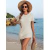imageANRABESS Women Swimwear Cover Up Short Sleeve Knit T Shirt Dress 2025 Summer Beach Drawstring Swim Suit Crochet Mini DressesBeige