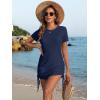 imageANRABESS Women Swimwear Cover Up Short Sleeve Knit T Shirt Dress 2025 Summer Beach Drawstring Swim Suit Crochet Mini DressesDeep Blue
