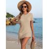 imageANRABESS Women Swimwear Cover Up Short Sleeve Knit T Shirt Dress 2025 Summer Beach Drawstring Swim Suit Crochet Mini DressesKhaki