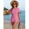 imageANRABESS Women Swimwear Cover Up Short Sleeve Knit T Shirt Dress 2025 Summer Beach Drawstring Swim Suit Crochet Mini DressesPink