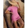 imageANRABESS Women Swimwear Cover Up Short Sleeve Knit T Shirt Dress 2025 Summer Beach Drawstring Swim Suit Crochet Mini DressesPink