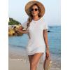 imageANRABESS Women Swimwear Cover Up Short Sleeve Knit T Shirt Dress 2025 Summer Beach Drawstring Swim Suit Crochet Mini DressesWhite