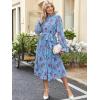 imageANRABESS Womens Floral Midi Dress Puff Long Sleeve Casual Ruffle Chiffon ALine Swing Pleated Belted Tea Party DressesFloral Blue Purple