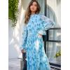 imageANRABESS Womens Floral Midi Dress Puff Long Sleeve Casual Ruffle Chiffon ALine Swing Pleated Belted Tea Party DressesFloral Leaf