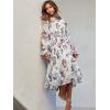 imageANRABESS Womens Floral Midi Dress Puff Long Sleeve Casual Ruffle Chiffon ALine Swing Pleated Belted Tea Party DressesFloral White