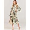 imageANRABESS Womens Floral Midi Dress Puff Long Sleeve Casual Ruffle Chiffon ALine Swing Pleated Belted Tea Party DressesLeaf Apricot