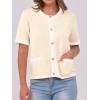 imageANRABESS Womens Short Sleeve Cardigan Sweaters Summer Casual Crew Neck Knit Striped Button Down Cropped Dressy Blouses TopsKhaki White Edge