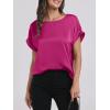 imageANRABESS Womens Summer Dressy Casual Short Sleeve Shirts Crewneck Silk Satin Business Office Work Blouse TopsHot Pink