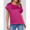 imageANRABESS Womens Summer Dressy Casual Short Sleeve Shirts Crewneck Silk Satin Business Office Work Blouse TopsHot Pink