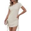 imageANRABESS Women Swimwear Cover Up Short Sleeve Knit T Shirt Dress 2025 Summer Beach Drawstring Swim Suit Crochet Mini DressesBeige