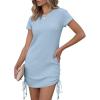 imageANRABESS Women Swimwear Cover Up Short Sleeve Knit T Shirt Dress 2025 Summer Beach Drawstring Swim Suit Crochet Mini DressesLight Blue