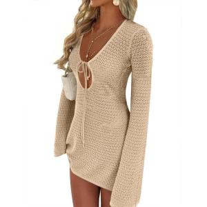 imageANRABESS Beach Cover Ups for Women Crochet Swimsuit Bathing Suit Swimwear Bikini Mesh Knit Dress 2025 Summer Vacation OutfitsBeige