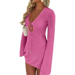 imageANRABESS Beach Cover Ups for Women Crochet Swimsuit Bathing Suit Swimwear Bikini Mesh Knit Dress 2025 Summer Vacation OutfitsHot Pink