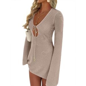 imageANRABESS Beach Cover Ups for Women Crochet Swimsuit Bathing Suit Swimwear Bikini Mesh Knit Dress 2025 Summer Vacation OutfitsKhaki