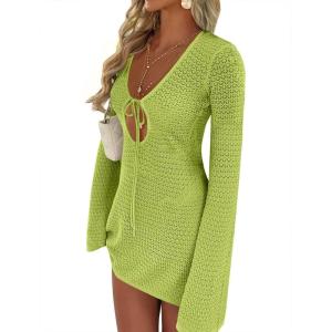 imageANRABESS Beach Cover Ups for Women Crochet Swimsuit Bathing Suit Swimwear Bikini Mesh Knit Dress 2025 Summer Vacation OutfitsNeon Green