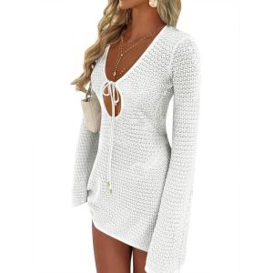 imageANRABESS Beach Cover Ups for Women Crochet Swimsuit Bathing Suit Swimwear Bikini Mesh Knit Dress 2025 Summer Vacation OutfitsOffwhite