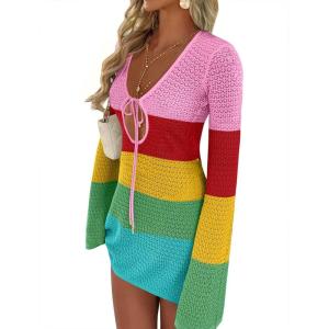 imageANRABESS Beach Cover Ups for Women Crochet Swimsuit Bathing Suit Swimwear Bikini Mesh Knit Dress 2025 Summer Vacation OutfitsRainbow Stripe