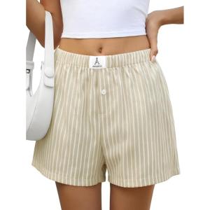 imageANRABESS Boxer Shorts for Women Gingham Pajama 2025 Summer Casual Lounge Sleep Plaid Shorts Y2K Beach BottomsApricot White Wide Stripe