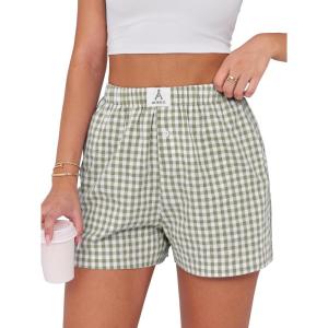 imageANRABESS Boxer Shorts for Women Gingham Pajama 2025 Summer Casual Lounge Sleep Plaid Shorts Y2K Beach BottomsArmy Green White Plaid