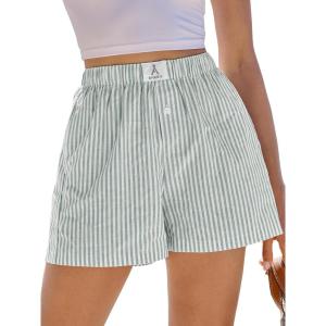imageANRABESS Boxer Shorts for Women Gingham Pajama 2025 Summer Casual Lounge Sleep Plaid Shorts Y2K Beach BottomsGreen White Stripe