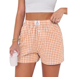 imageANRABESS Boxer Shorts for Women Gingham Pajama 2025 Summer Casual Lounge Sleep Plaid Shorts Y2K Beach BottomsOrange White Plaid