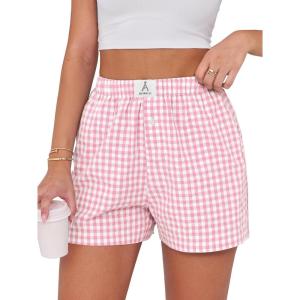 imageANRABESS Boxer Shorts for Women Gingham Pajama 2025 Summer Casual Lounge Sleep Plaid Shorts Y2K Beach BottomsPink White Plaid