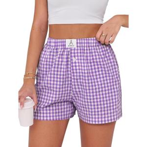 imageANRABESS Boxer Shorts for Women Gingham Pajama 2025 Summer Casual Lounge Sleep Plaid Shorts Y2K Beach BottomsPurple White Plaid