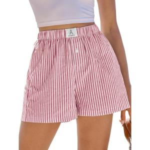 imageANRABESS Boxer Shorts for Women Gingham Pajama 2025 Summer Casual Lounge Sleep Plaid Shorts Y2K Beach BottomsRed White Stripe
