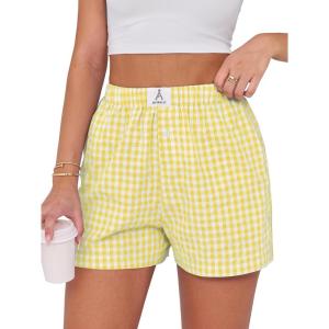 imageANRABESS Boxer Shorts for Women Gingham Pajama 2025 Summer Casual Lounge Sleep Plaid Shorts Y2K Beach BottomsYellow White Plaid