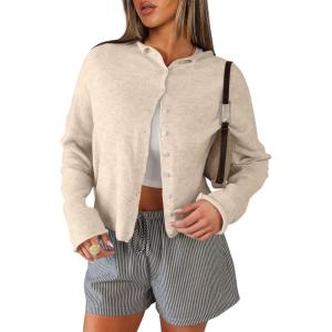 imageANRABESS Cardigan Sweaters for Women Cropped Lightweight Long Sleeve Casual Button Down Knit Cute Y2k Trendy Outfit 2025 FallAlmond