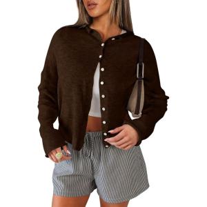 imageANRABESS Cardigan Sweaters for Women Cropped Lightweight Long Sleeve Casual Button Down Knit Cute Y2k Trendy Outfit 2025 FallCoffee