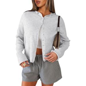 imageANRABESS Cardigan Sweaters for Women Cropped Lightweight Long Sleeve Casual Button Down Knit Cute Y2k Trendy Outfit 2025 FallLight Grey