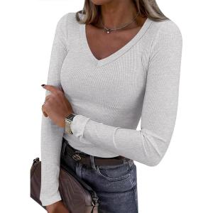 imageANRABESS Long Sleeve Shirts for Women V Neck Ribbed Knit Slim Fall Basic Tshirts Going Out Tops 2025 Casual Trendy ClothesBright Grey
