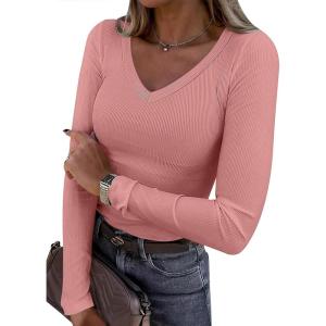 imageANRABESS Long Sleeve Shirts for Women V Neck Ribbed Knit Slim Fall Basic Tshirts Going Out Tops 2025 Casual Trendy ClothesCoral Pink