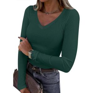 imageANRABESS Long Sleeve Shirts for Women V Neck Ribbed Knit Slim Fall Basic Tshirts Going Out Tops 2025 Casual Trendy ClothesDeep Green