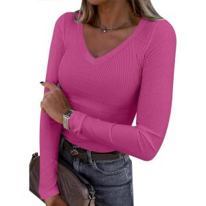 imageANRABESS Long Sleeve Shirts for Women V Neck Ribbed Knit Slim Fall Basic Tshirts Going Out Tops 2025 Casual Trendy ClothesHot Pink