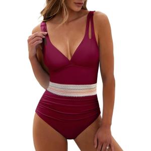 imageANRABESS One Piece Swimsuit for Women Tummy Control V Neck Slimming Sexy Bathing Suit Color Block Padded Beach SwimwearBurgundy